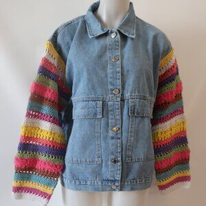 NWT Womens Regina Blue Pink Multicolor Crochet Knit Sleeves Denim Jean Jacket M